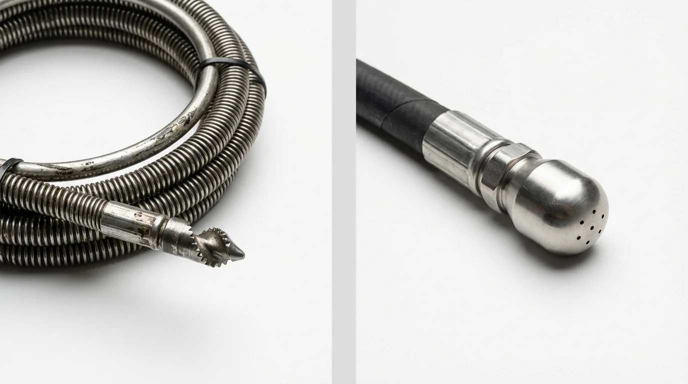 Drain snake cable and hydro jetting nozzle used for drain cleaning in San Elizario, TX