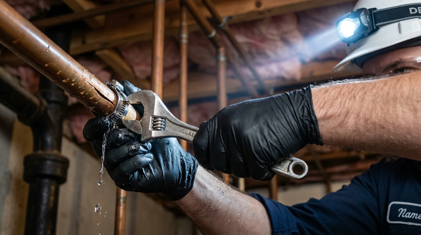 Emergency pipe clamp repair being performed by a Johns Plumbing LLC plumber in San Elizario