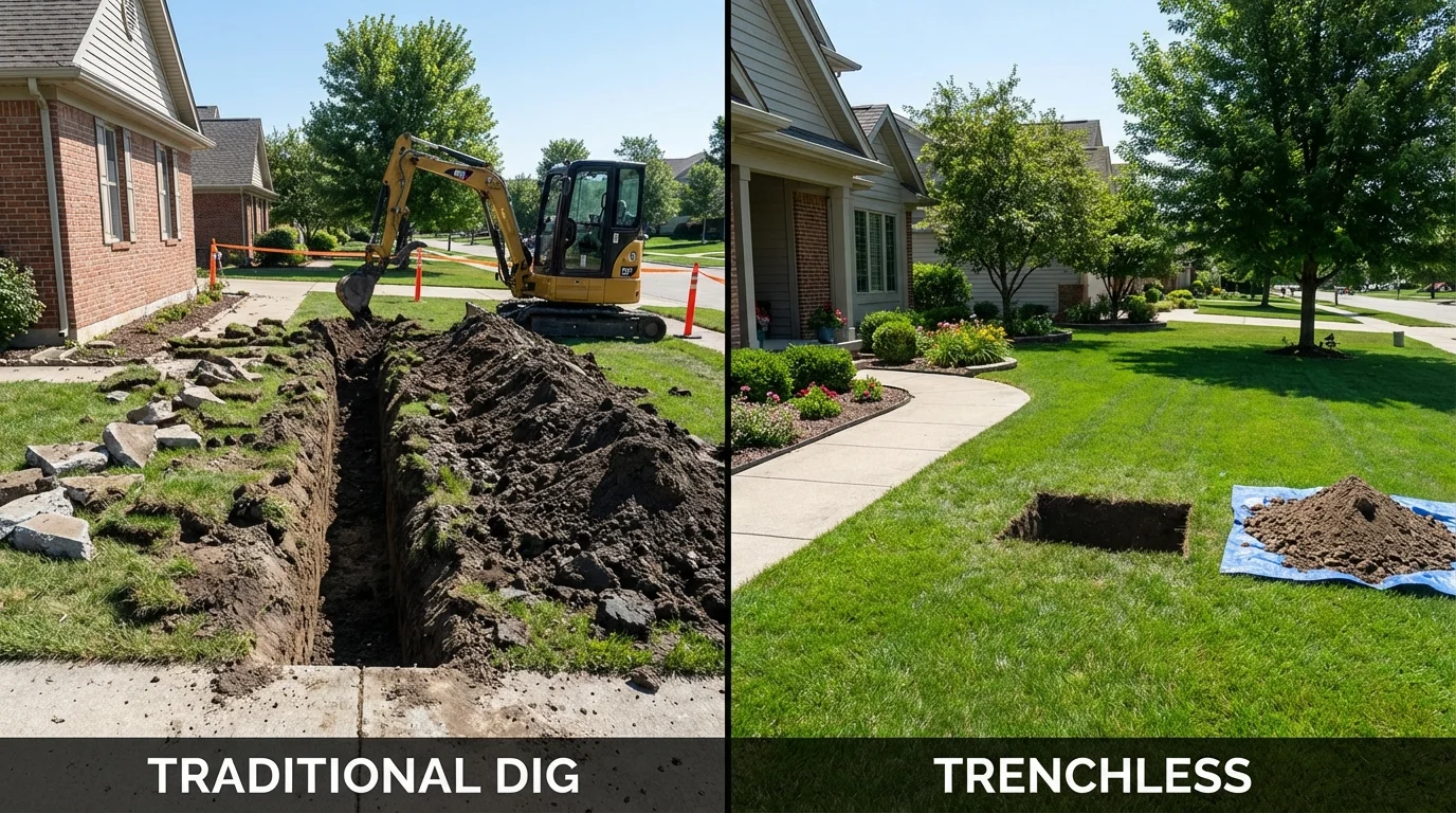 Trenchless sewer repair with minimal yard damage versus traditional excavation in San Elizario, TX