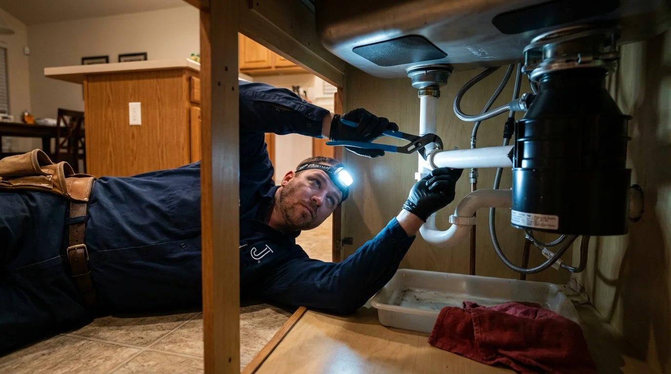 P-trap and supply line connections under a kitchen sink showing a common leak point in San Elizario, TX